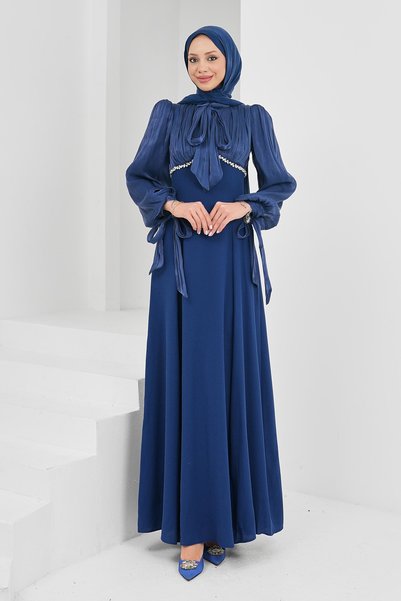 Navy Blue Balloon Sleeve Evening Dress with Stone Detail