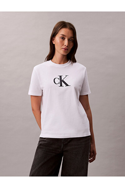 Женска бела маица со тркалезен изрез и принт SS SEQUIN CK GRAPHIC TEE