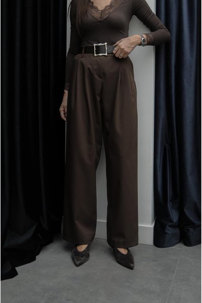 Brown Large Gold Buckle Belted Trousers