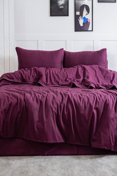 Stark Bedding Set Double Size 100% Cotton Satin with Piping (200x220 cm) Plum