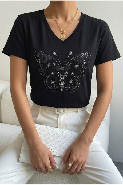 Black V-Neck Butterfly Pattern 100% Cotton T-Shirt with Beads and Sequins Embroidery