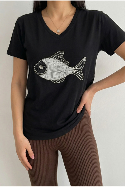Black V-Neck Fish Pattern 100% Cotton Bead and Sequin Embroidered T-Shirt