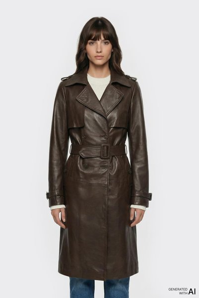 Coffee Women's Leather Trench Coat