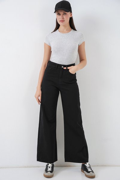 Women's Wide Leg High Waist Palazzo Gabardine Pants 6656 - D. Black