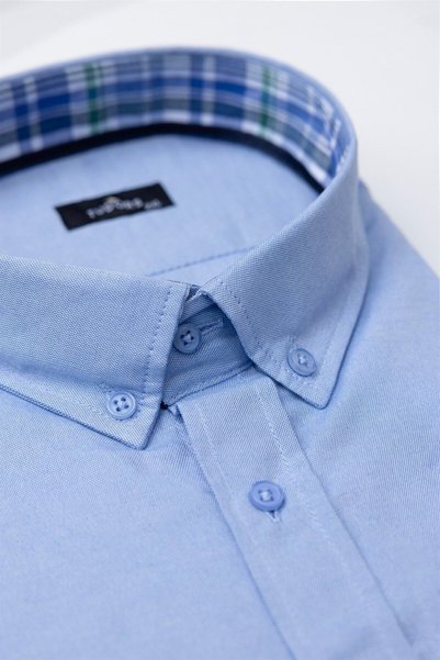 Men's Plus Size Relaxed Fit Cotton Easy Ironing Buttoned Collar Solid Blue Sports Shirt