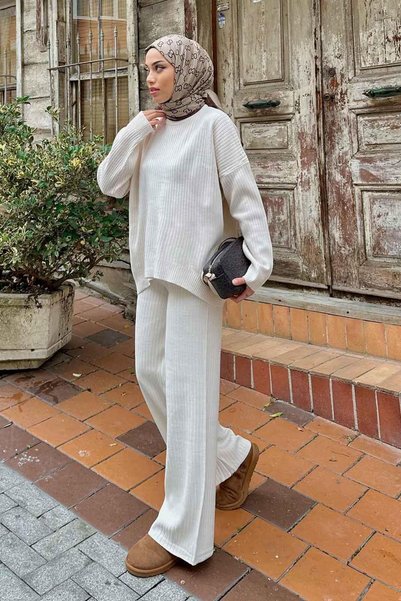 Tabata Ribbed Hijab Set Ecru