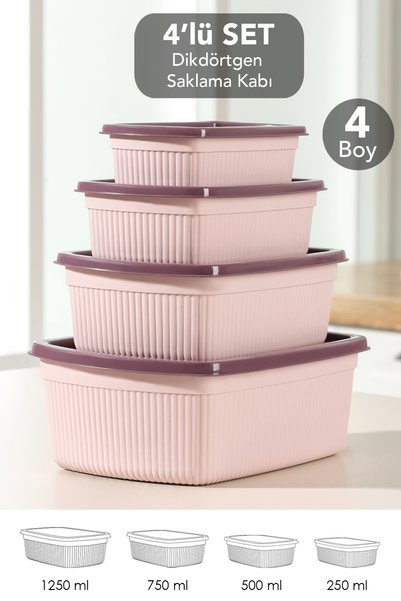 Set of 4 Rectangular Storage Containers - Microwave Safe Food Containers 1.25L 0.75L 0.5L 0.25L Pink
