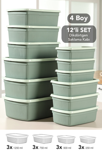 12-Piece Striped Rectangular Storage Container Set - Microwave Safe Food Container 1.25L 0.75L 0.5L 0.25L Green