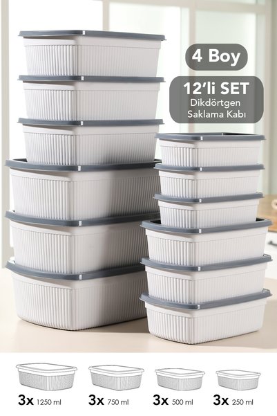 Set of 12 Rectangular Storage Containers - Microwave Safe Food Containers 1.25L 0.75L 0.5L 0.25L Gray