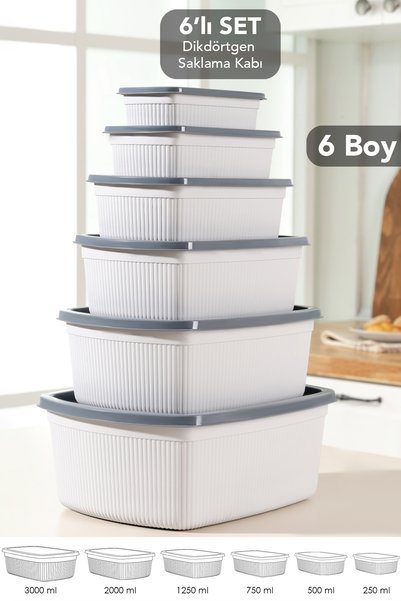 Set of 6 Rectangular Storage Containers - 6 Sizes Microwave Safe Organizer Food Containers Gray