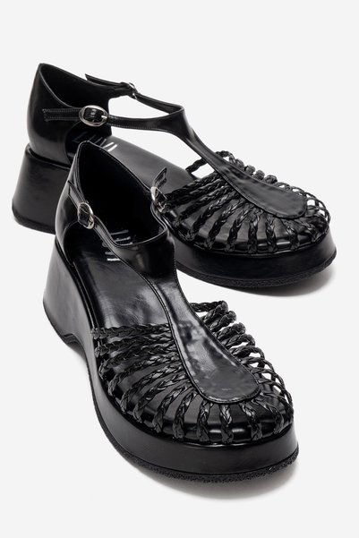Barry Black Knitted Detailed Women's Wedge Heeled Sandals
