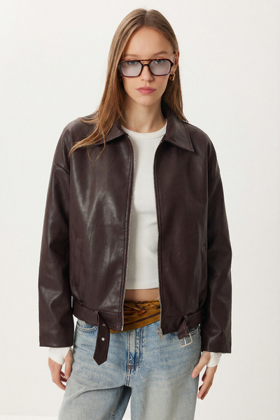 Belted Faux Leather Bomber Jacket Loh0013 Mürdüm
