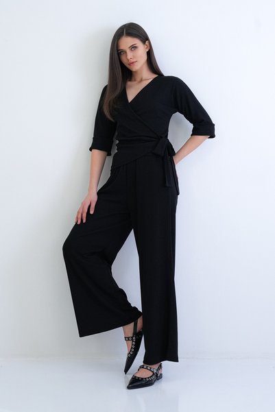 Black Double-Breasted Tie-Up Three-Quarter Cuff Sleeves Ottoban Blouse and Double-Pocket Trouser Set Alc-X15294