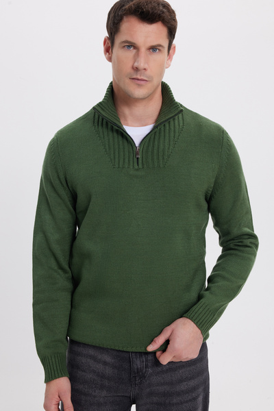Men's Slim Fit Slim Fit Dobby Zippered Green Stand Collar Sweater