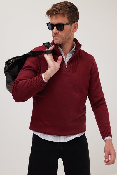 Men's Slim Fit Slim Fit Dobby Zippered Burgundy Stand Collar Sweater