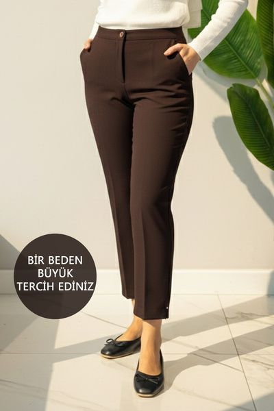 Women's Ankle-Length Fabric Pants 01 Brown