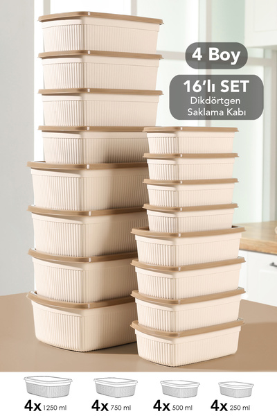 Set of Striped Rectangular Storage Containers - Microwave Safe Food Containers 1.25L 0.75L 0.5L 0.25L Beige