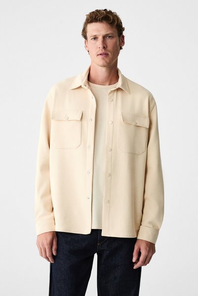 Maze Men's Special Textured Thick Fabric Pocket Snap Fastener Vanilla Jacket