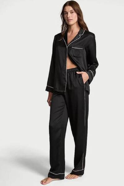 Black Satin Long Pajama Set ST 11271603