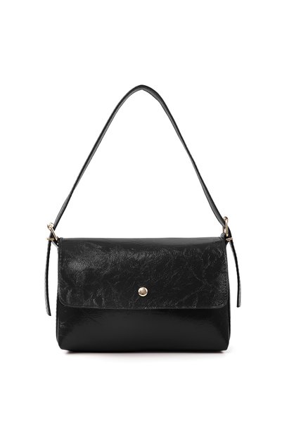 Wrinkled Textured Black Shk302 Faux Leather, Single Compartment with Snap Fasteners, Hand, Arm and Shoulder Bag