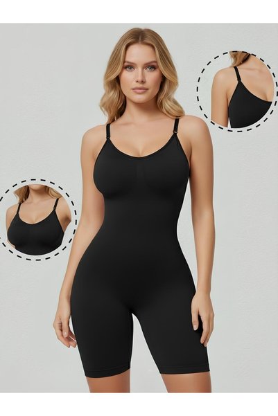 Larix Model Full Length 5 Zone Knitted Fabric Length Jumpsuit Butt Lifting Corset Black Color