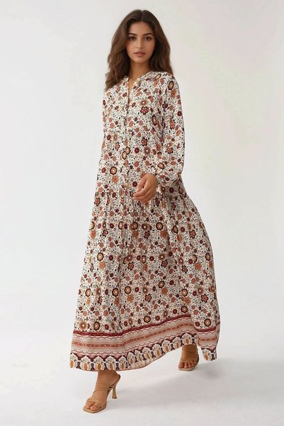 Buttoned Printed V-Neck Modest Dress