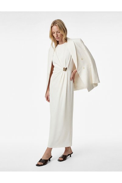 Crepe Slim Fit Accessorized Sleeveless Crew Neck Midi-Length Draped Dress