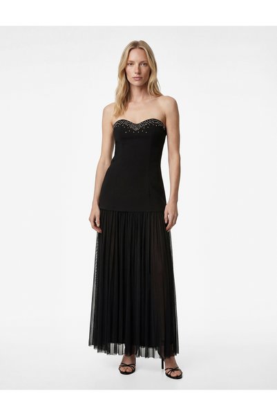 Scuba Fabric Tulle Detail Embellished Strapless Dress