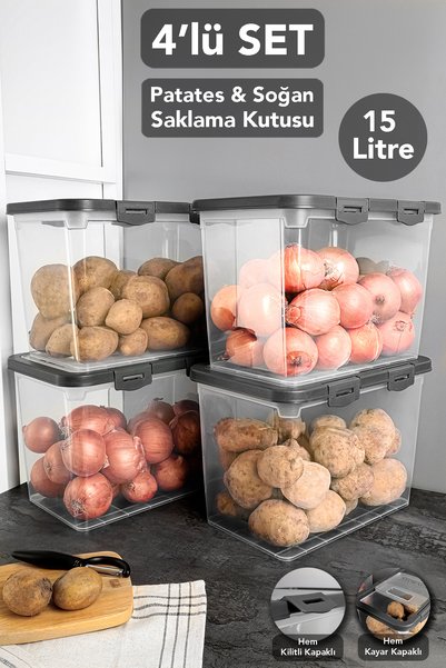 4 Pieces Lockable Sliding Lid Crisper - Sliding Potato Onion Storage Container Crisper Onion Container 15 Liters