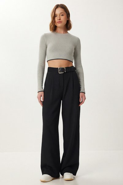 Belt Detailed Woven Palazzo Trousers Lby0044 Black