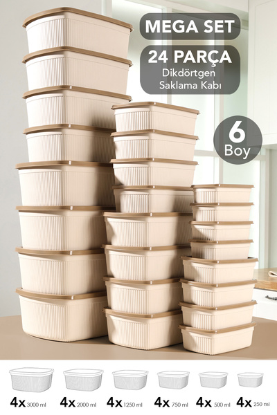 Set of 24 Rectangular Storage Containers - 6 Sizes of Microwave-Safe Organizer Food Containers Beige