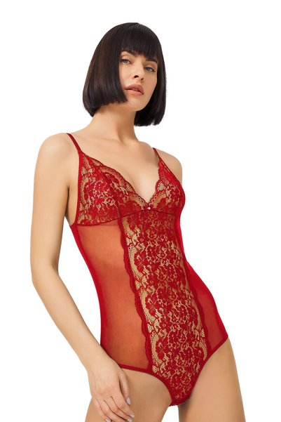 Red Snap Fastener Lace Transparent Underwireless Bodysuit