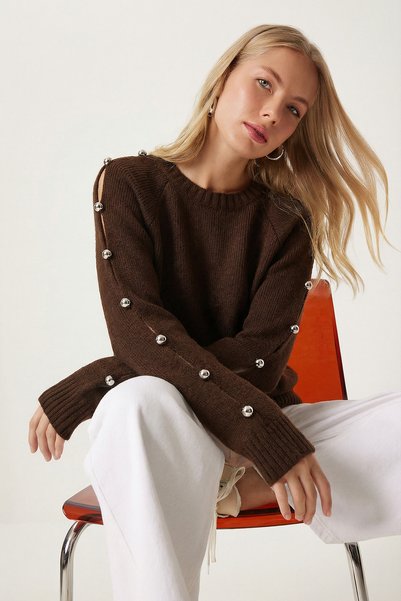 Pearl Detailed Cut Out Knitwear Sweater Lyy0137 Brown