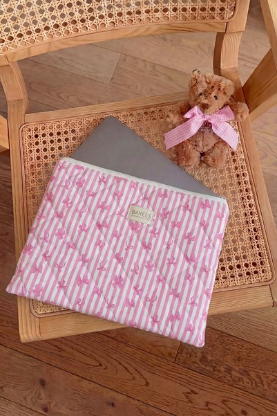 Pink Bow Striped XL Portfolio Bag Compatible with MacBook and Tablet