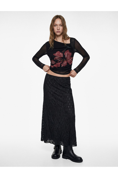 Asymmetrical Neckline Long Sleeve Gathered Floral Tulle T-Shirt