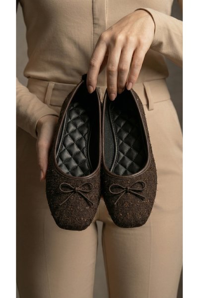 Women's Brown Tweed Fabric Bowknot Mary Jane Ballerinas 1cm Byndlck01