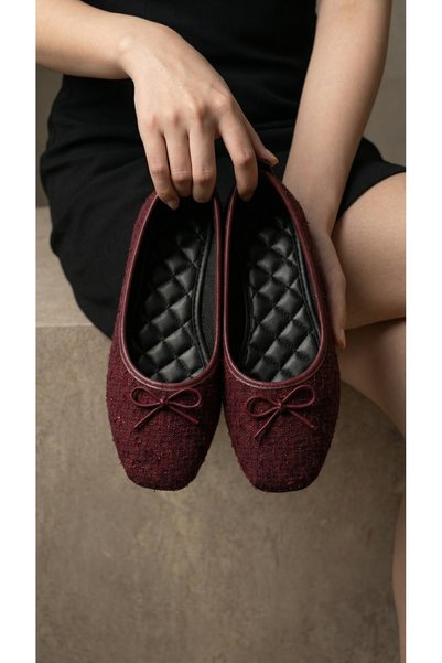 Women's Burgundy Tweed Fabric Bow Mary Janes Ballet Flats 1 cm BYNDLCK01