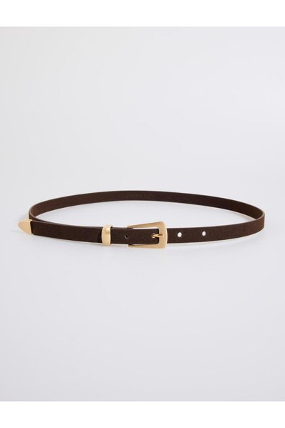 Brown Shiny Metal Buckle Thin Suede Belt