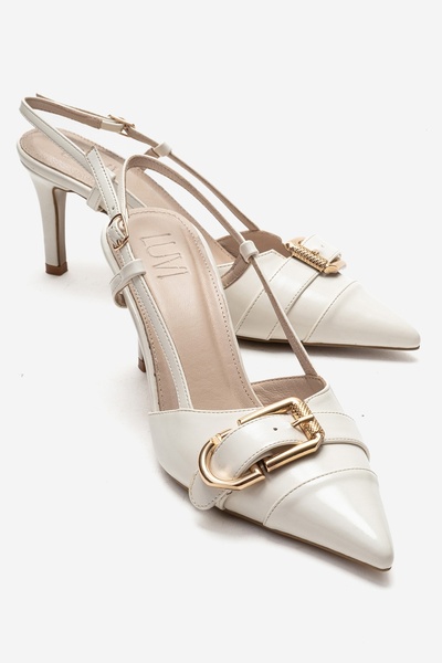 Noen Ecru Leather Buckle Pointed Toe Women's Heeled Shoes