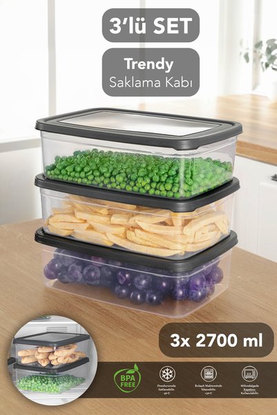 3 Pieces Rectangular Food Storage Container - Microwave Safe Organizer 2.7 Lt Gray