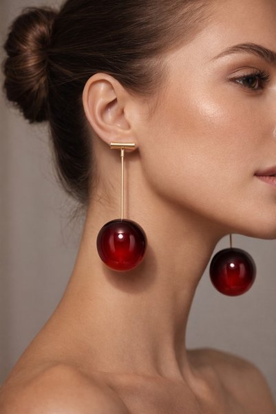 Women's Yellow Steel Red Cherry Design Dangle Stud Earrings