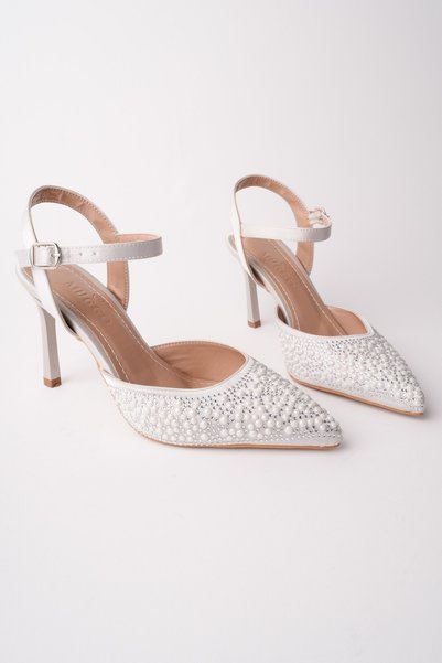 Cluj Pearl Stone Embellished Pointed Toe Ankle Strap Women's Evening Dress Heeled Shoes