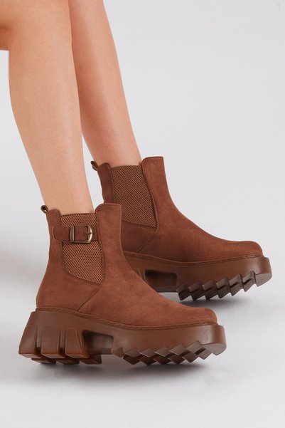 Women's Tan Suede Comfortable Fit Thick Sole Buckle Elastic Boots