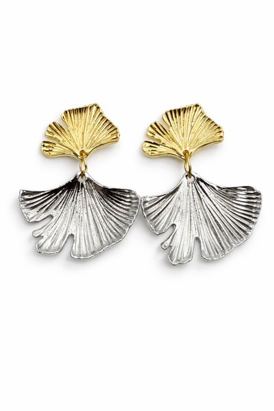 Women's Steel Ginkgo Leaf Design Dangle Earrings - Double Color
