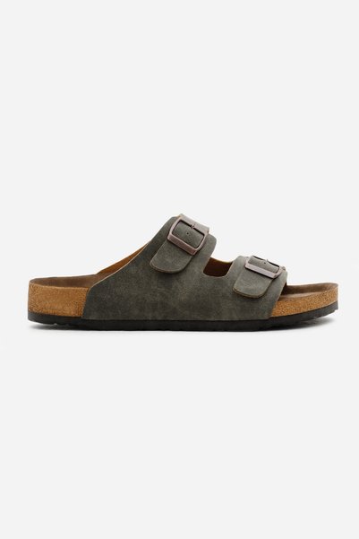 Unisex Khaki Poly Sole Adjustable Double Buckle Slippers