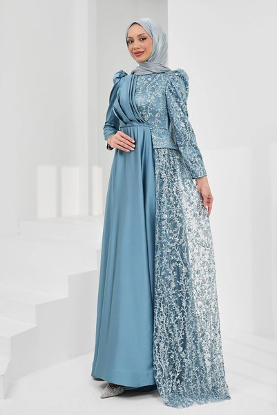 Indigo Draped Front Sequined Satin Evening Dress