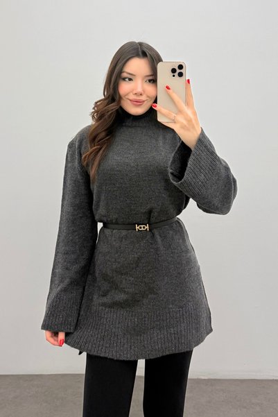 Women's Anthracite Turtleneck Soft Textured Basic Sweater