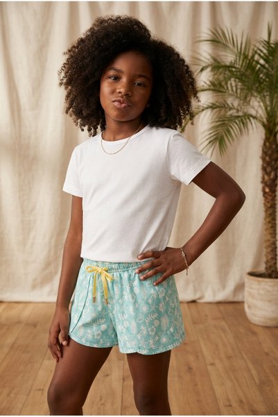 Girl's Sea La Vie Palm Patterned Shorts Pajama Set White