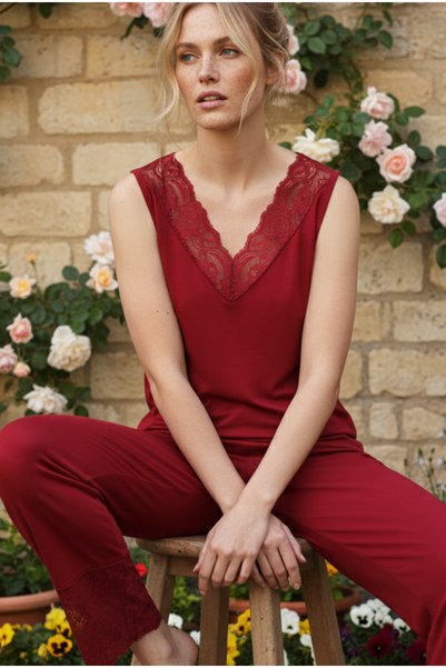 Burgundy Lace Detailed Sleeveless Knitted Viscose Pajama Set26120751