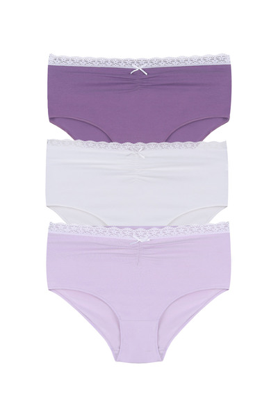 Women's Front Waist Lace Detailed Elastic 3-Piece Panties with Gathered and Bow Detail